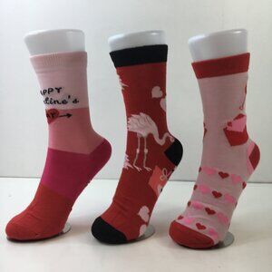 Womens Crew Socks Set 3 Valentines Flamingos Hearts Print Red Pink Black White